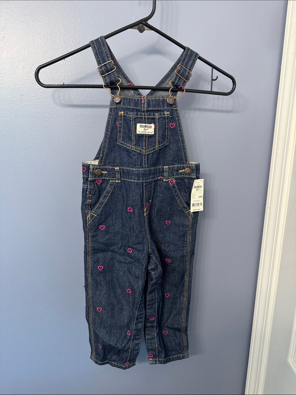OshKosh B'gosh Dark Blue Denim Overalls with Pink Heart Embroidery